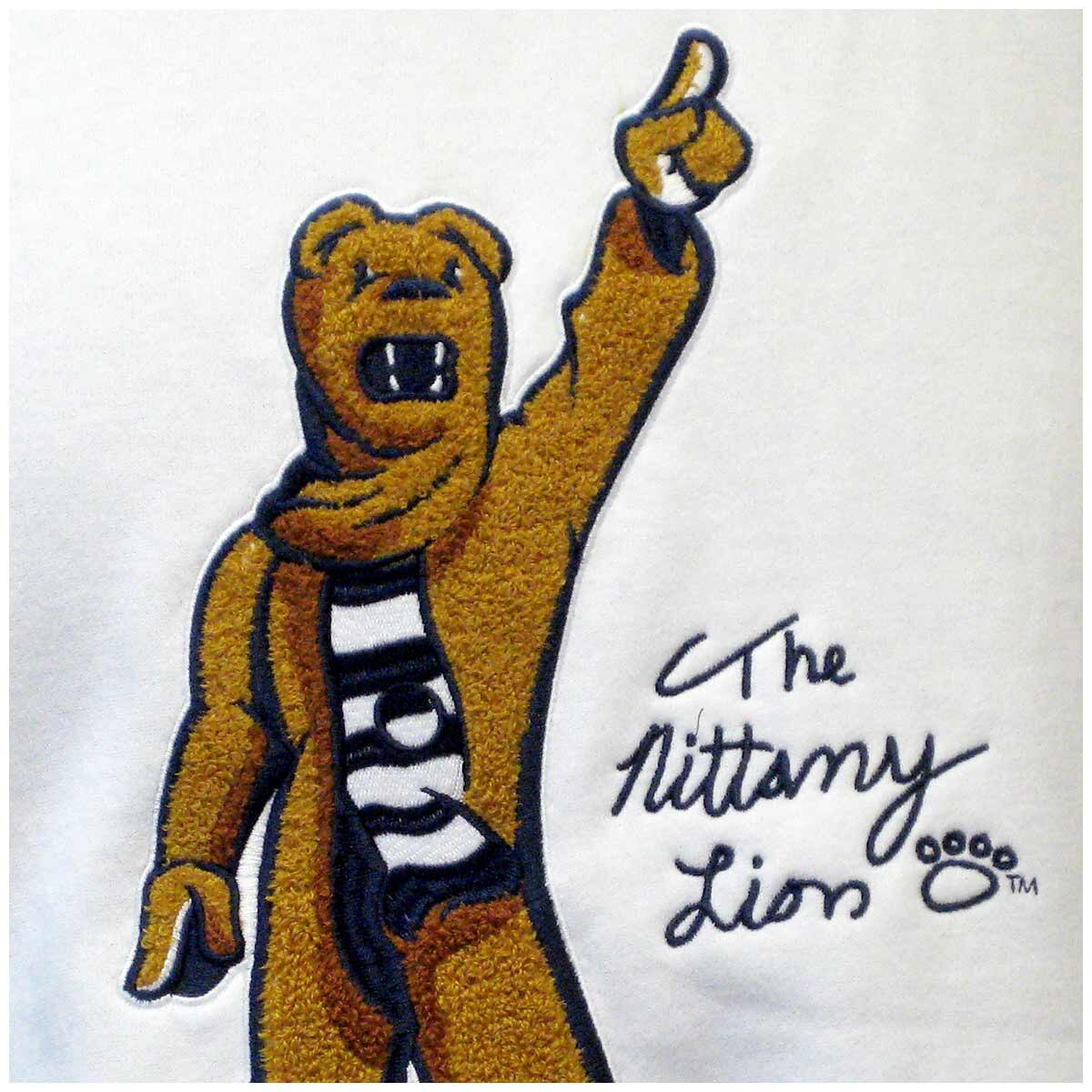 detail of Penn State Nittany Lion Mascot and signature on white sweatshirt